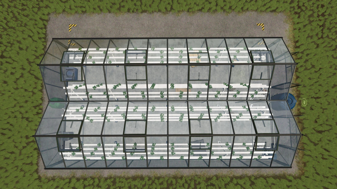 FS25 mod Hydroponics Greenhouse v1.0.1.0 showing an aerial view of a modern glass greenhouse with plants.