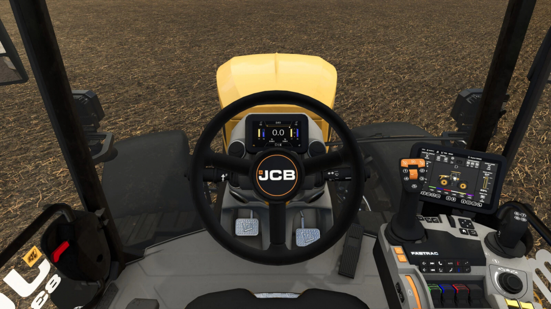 Interior view of JCB Fastrac 8000 ICON tractor in FS25, highlighting steering wheel and dashboard controls.