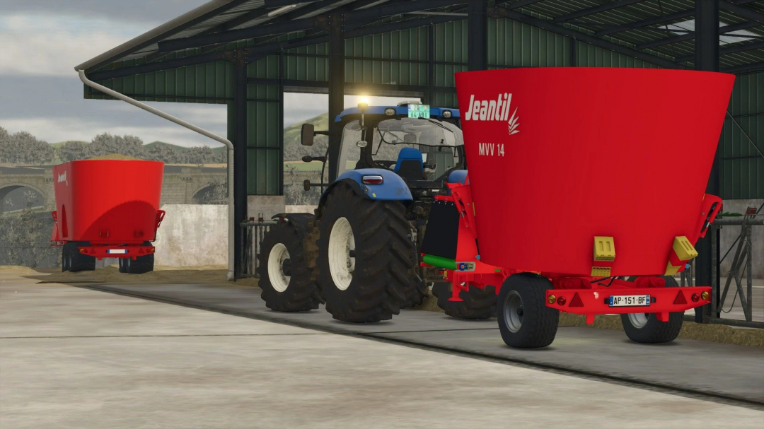 FS25 mod Jeantil MVV 14 v1.0.0.0, a red agricultural trailer attached to a blue tractor in a shed.