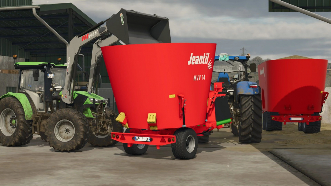 Jeantil MVV 14 mod for Farming Simulator 25, featuring two tractors with the red MVV 14 hitched in a farm setting.