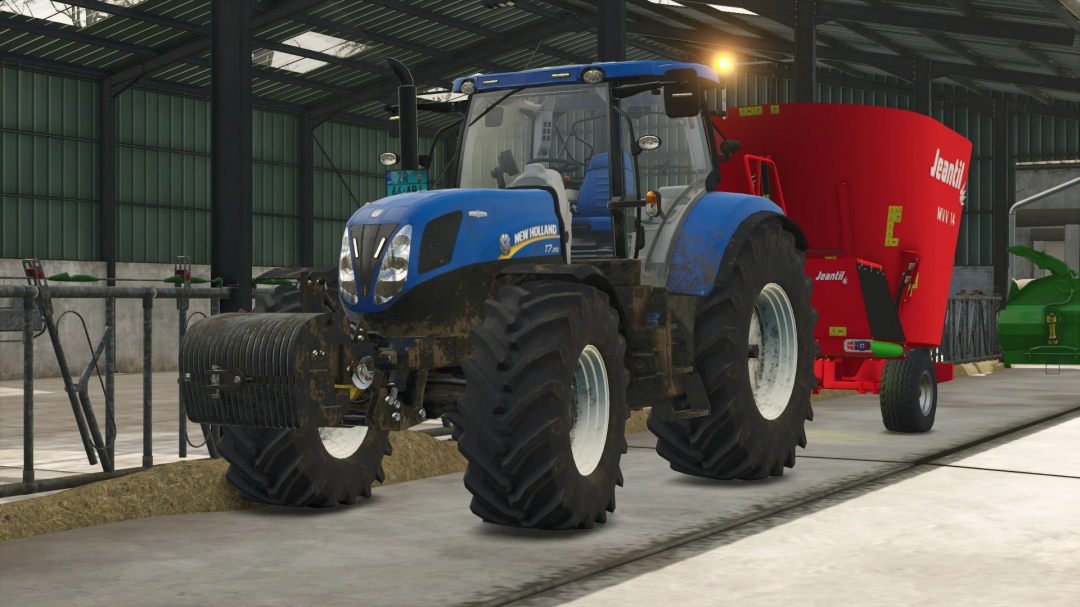 New Holland tractor with Jeantil MVV 14 mod in FS25 barn setting