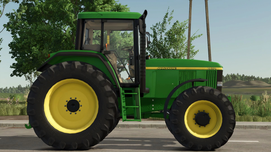 John Deere 6010 Series tractor mod in FS25, showcasing green body and yellow wheels.