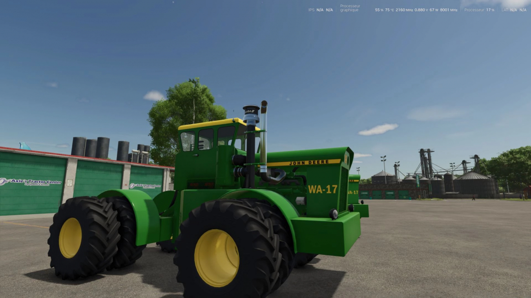 John Deere WA-17 tractor mod in FS25 game setting, showcasing detailed design and industrial backdrop.