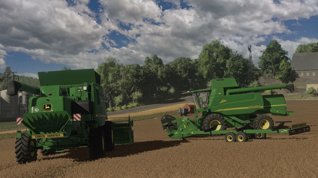 Two John Deere WTS/I Series tractors in a wheat field in FS25 mod.