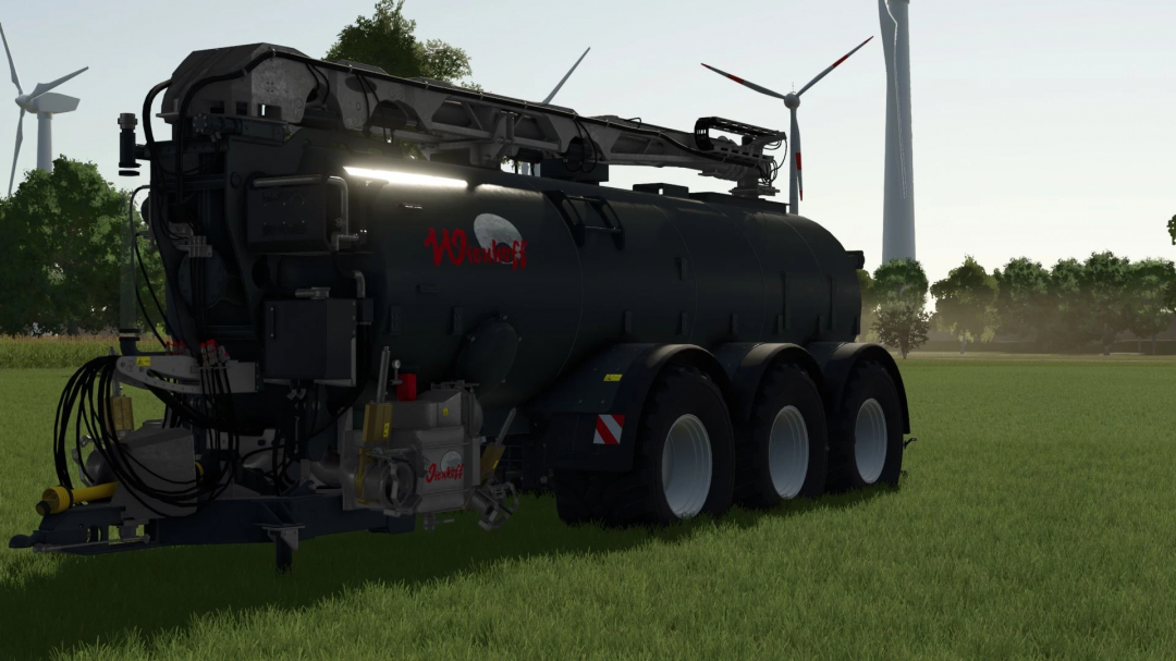 Kaweco Turbo II v1.0.0.1 mod in Farming Simulator 25, featuring a detailed view of a black tanker trailer on a grassy field.