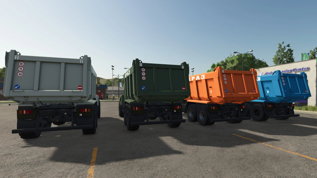 Kraz 65032 trucks in various colors from FS25 mod, Farming Simulator 25.