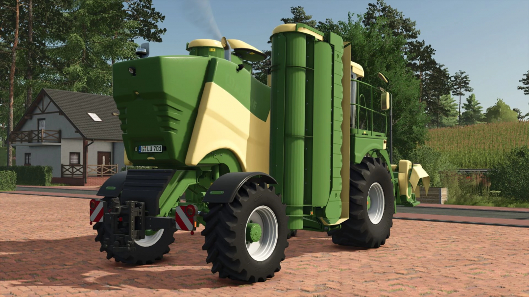 Krone BigM450 mower mod in FS25 with custom configurations, parked on a farm path.