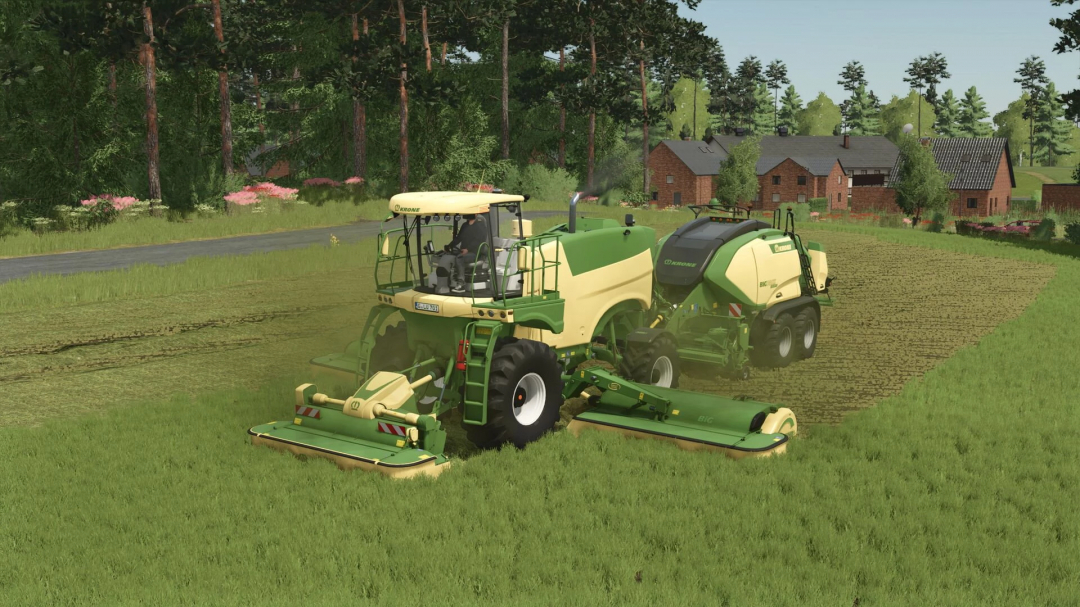 Krone BigM450 with configurations mod in FS25 showcasing a mower in a field near a village.