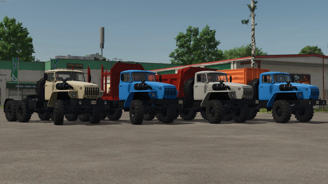 Four LIZARD 44202/5557 trucks in different colors parked in Farming Simulator 25 mod.