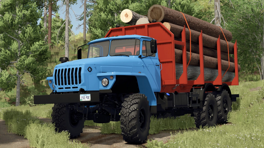 LIZARD 44202/5557 truck loaded with logs in FS25 mod, showing its blue cab and red cargo area in a forest setting.