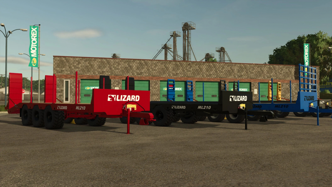 FS25 mods Lizard ML Low Loader Pack trailers displayed in different colors in Farming Simulator 25.