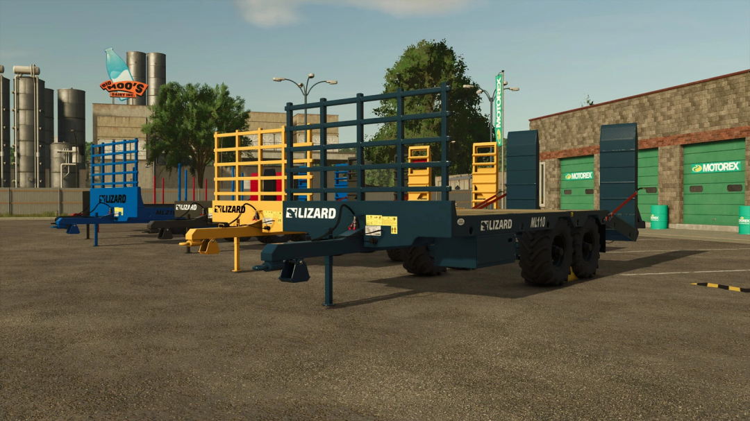 Lizard ML Low Loader Pack in FS25 with different trailers in a parking area.