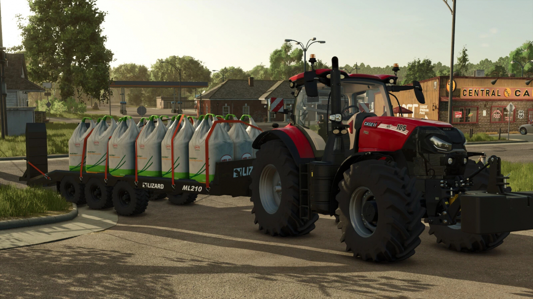 FS25 mod Lizard ML Low Loader Pack v1.0.0.1 with red tractor and loaded trailer in a farm setting.