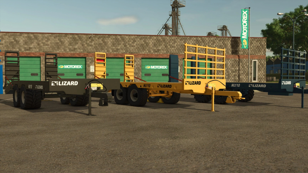 Lizard ML Low Loader Pack v1.0.0.1 displayed in FS25, showcasing various trailers in a parking lot.