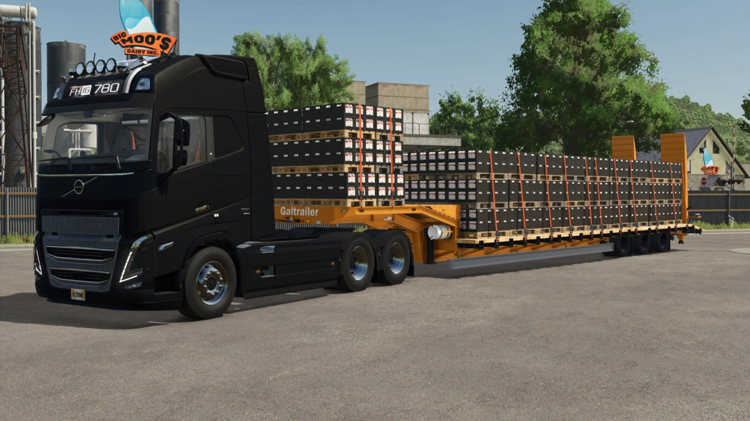 FS25 mod Low Loader Galtrailer v1.0.0.0 shown with black truck hauling cargo.