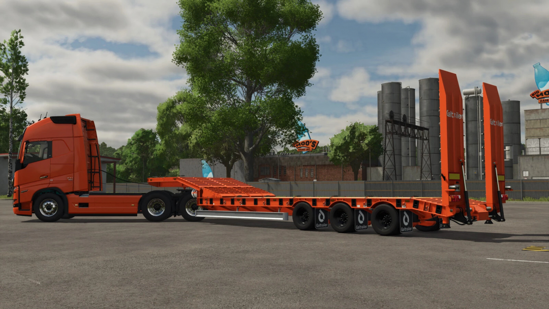 Low Loader Galtrailer mod in Farming Simulator 25, showcasing an orange low loader attached to a truck, perfect for transporting equipment.