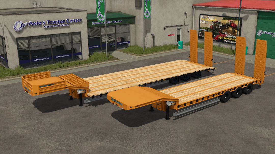 FS25 mod Low Loader Galtrailer v1.0.0.0 parked outside a tractor center in Farming Simulator 25.