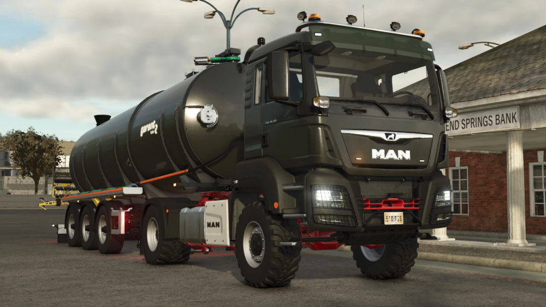 MAN TGS 18 Series truck mod in Farming Simulator 25 with a trailer parked in a town.