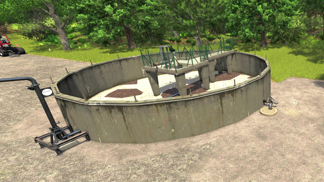 Manure bunker mod in Farming Simulator 25, version 1.0.0.0, featuring a concrete structure surrounded by lush greenery.