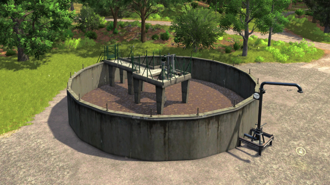 Image of Manure Bunker v1.0.0.0 mod in Farming Simulator 25, featuring a round concrete structure in a rural setting.