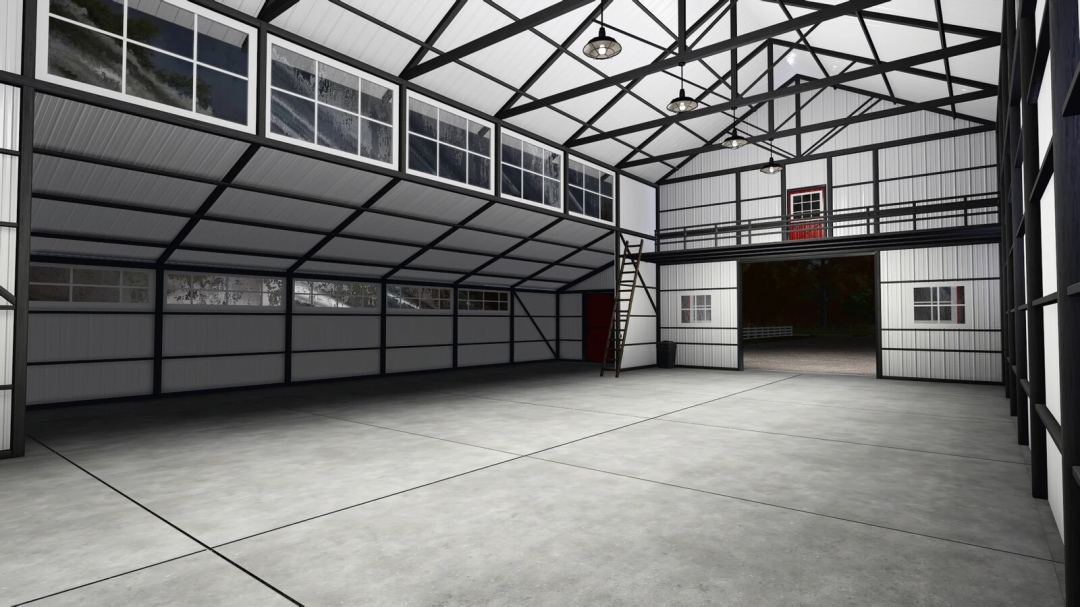 Interior view of Metal Medium Shed mod for FS25, featuring a spacious design with modern lighting.