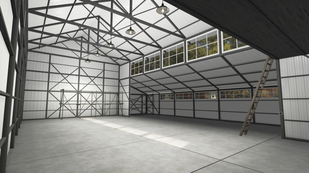 Interior view of Metal Medium Shed in Farming Simulator 25 mod, showing spacious structure with metal framework and a ladder.