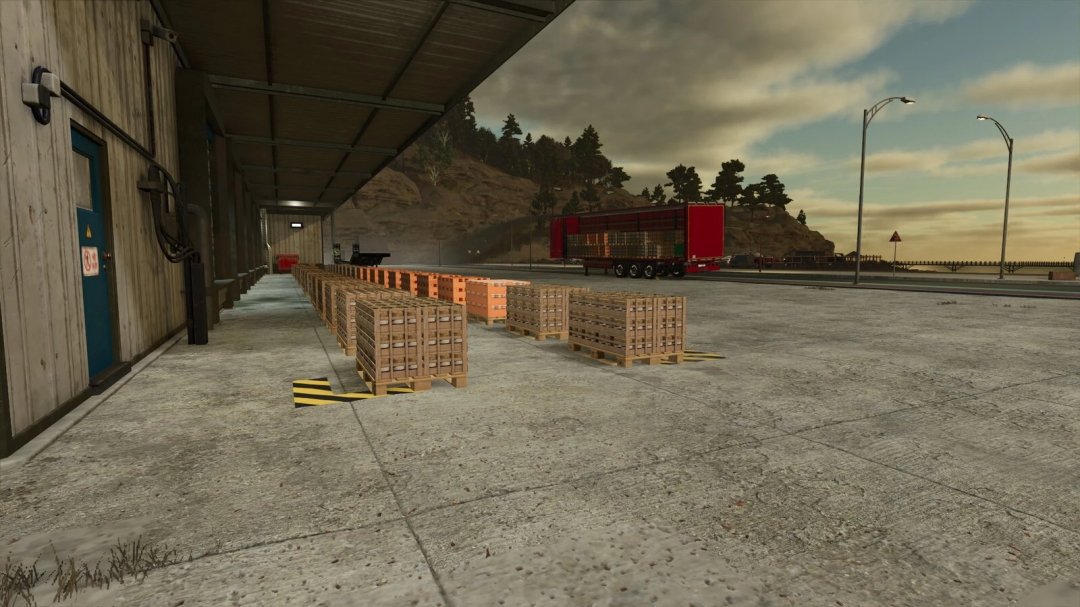 FS25 More Pallets mod v1.0.0.0 showing stacked pallets and a truck at a warehouse dock.