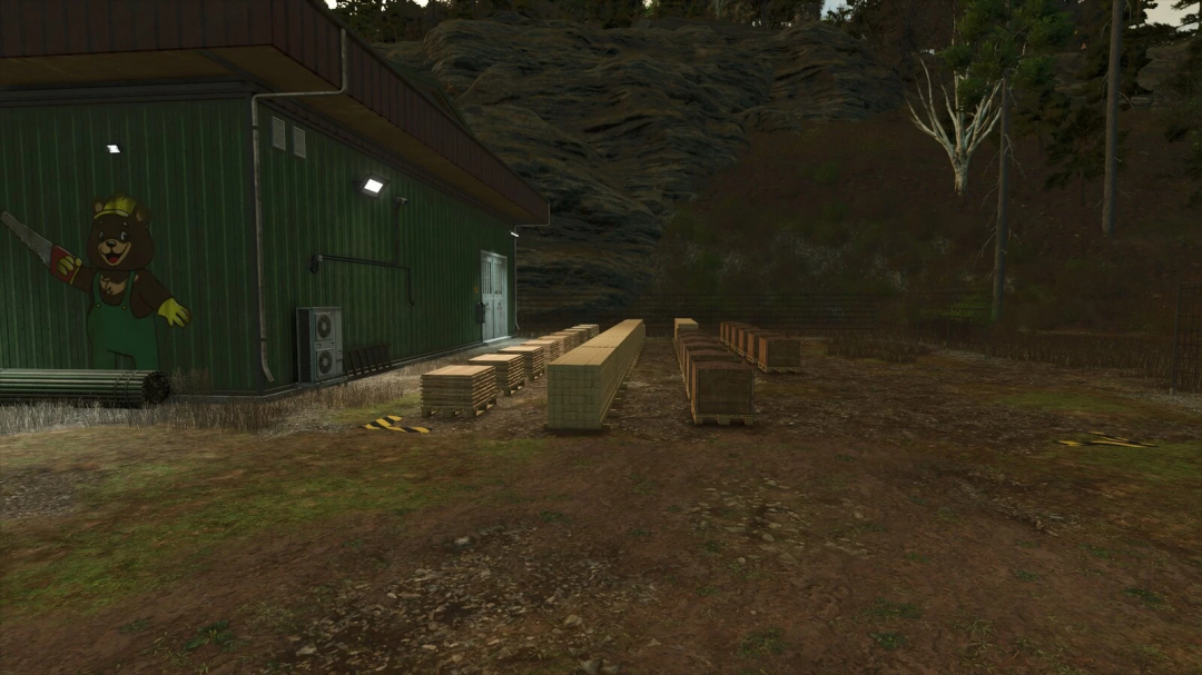 FS25 More Pallets mod showing stacked pallets outside a green warehouse with a cartoon bear mascot.