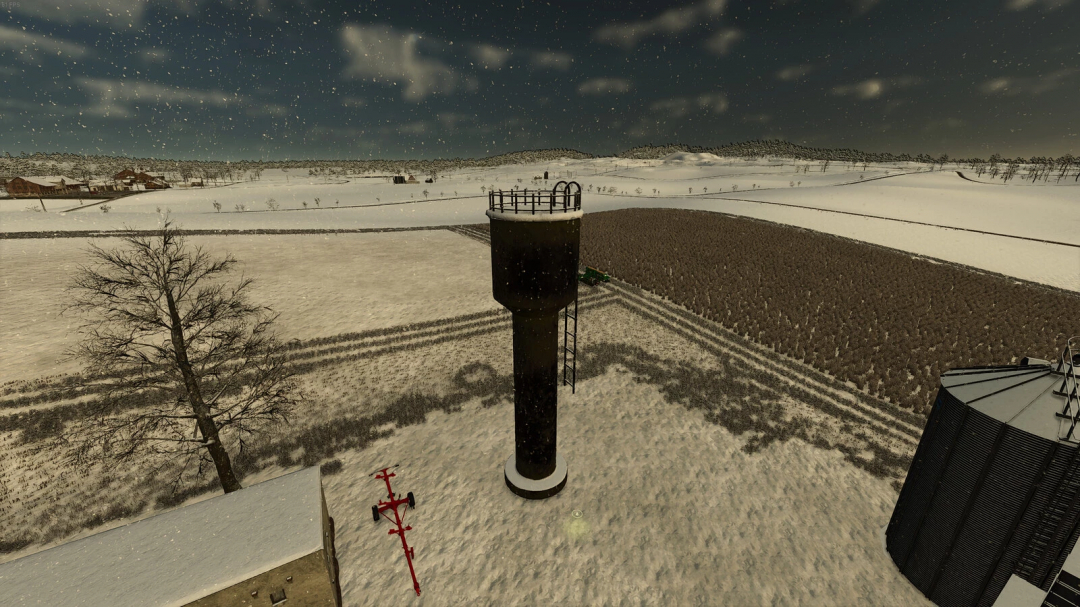 Farming Simulator 25 mod Old Deep Well in snowy landscape, showcasing a tall, cylindrical structure.