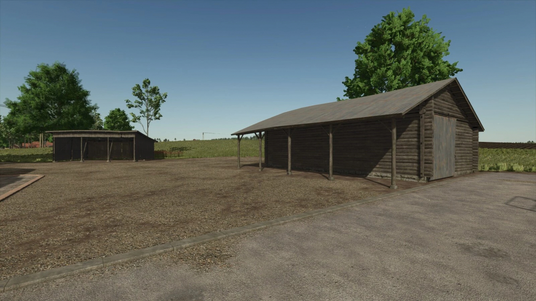 Old log sheds in Farming Simulator 25 mod, enhancing rural building aesthetics.