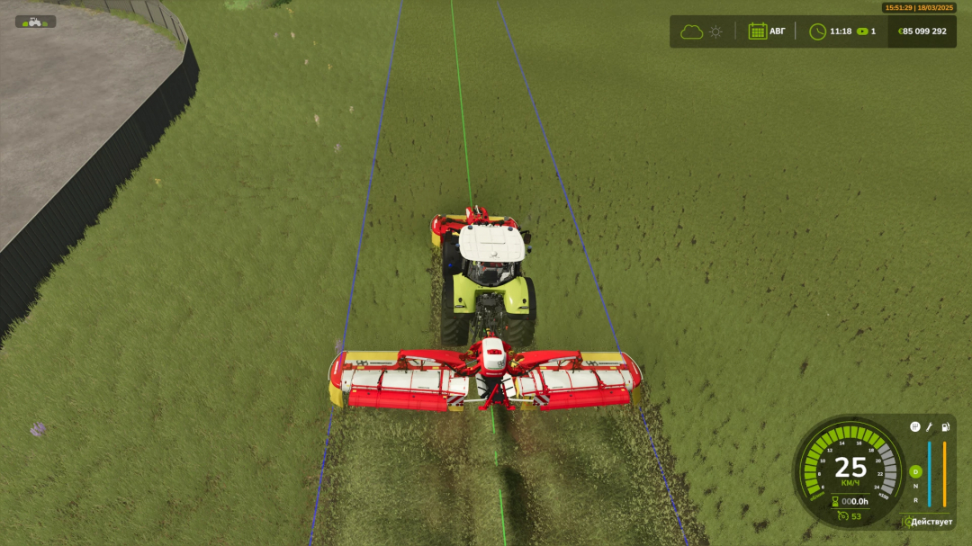 Overhead view of a tractor using the Poettinger Novacat mod in Farming Simulator 25.