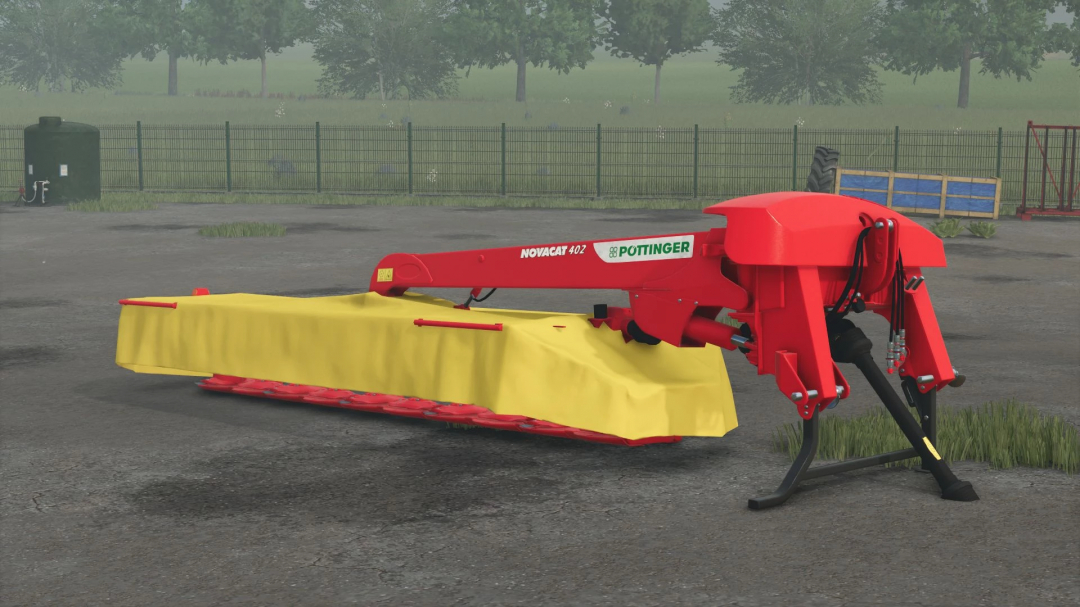 FS25 mod Pöttinger Novacat 402 v1.0.0.0 agricultural mower in a fenced field setting.