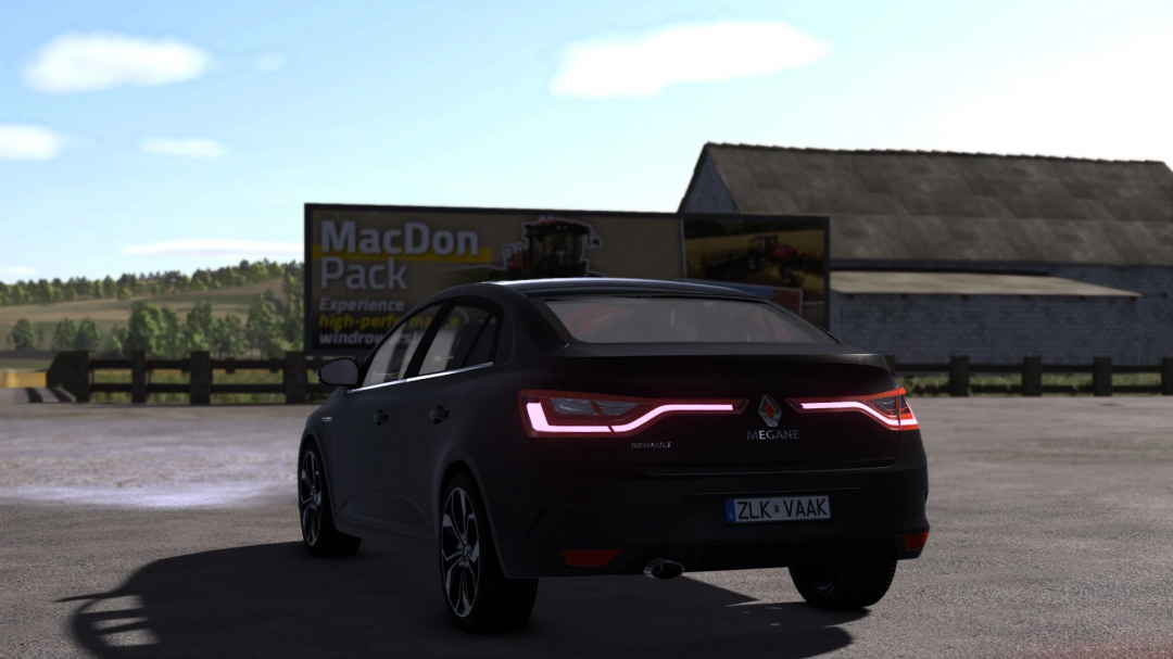 Renault Megane 4 mod in Farming Simulator 25, rear view with glowing taillights.