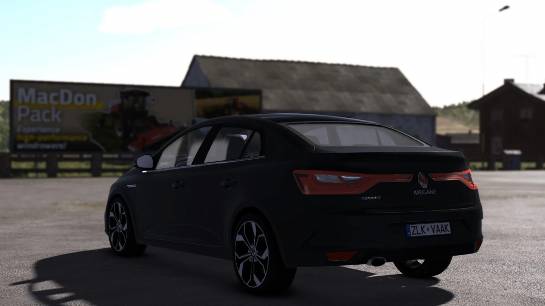 Renault Megane 4 car mod in Farming Simulator 25, parked on a farm with a barn in the background.