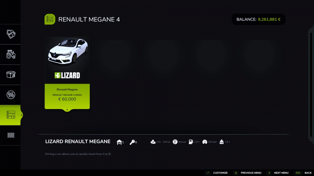 FS25 mod menu showing Renault Megane 4 available for purchase at €60,000.