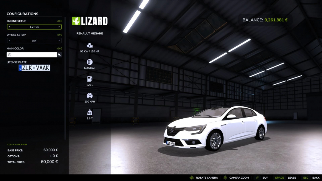 FS25 mod showing Renault Megane 4 v1.0.0.0 in garage with custom configuration options.