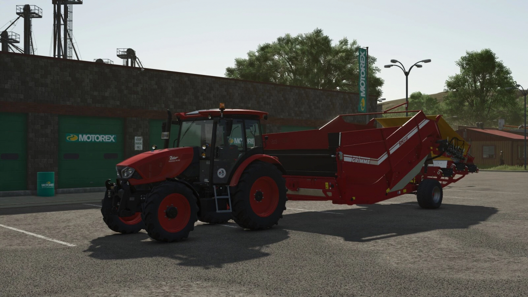 FS25 mod Root Crop Palletizer attached to a red tractor in Farming Simulator 25 environment.