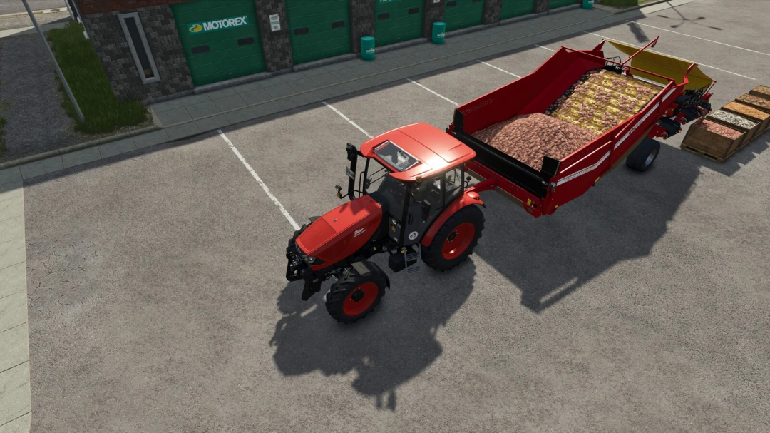 FS25 mod: Root Crop Palletizer v1.0.0.0 with red tractor and trailer of root crops, parked in front of green doors.