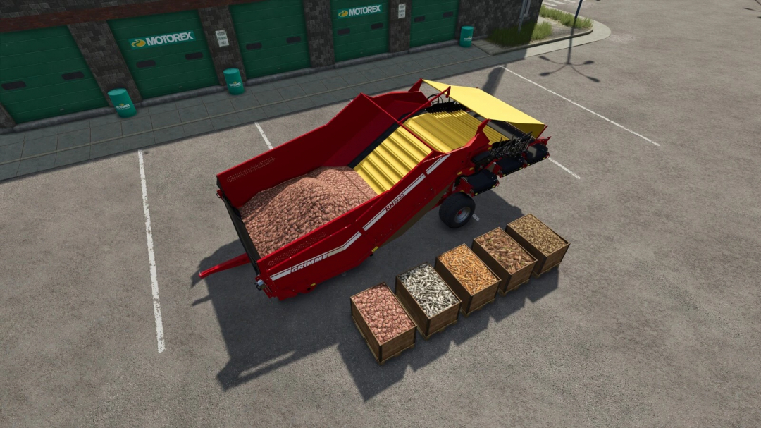 FS25 Root Crop Palletizer mod displaying machinery with root crops in crates.