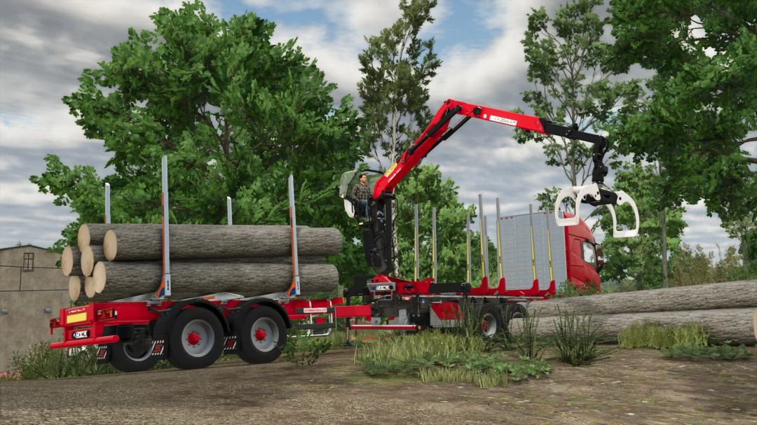 Schwarzmueller Tandem trailer with crane loading logs in FS25 mod scene