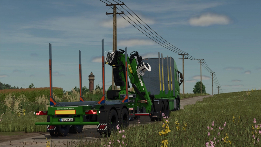 Schwarzmueller Tandem mod in Farming Simulator 25, featuring a green trailer on a rural road with power lines.