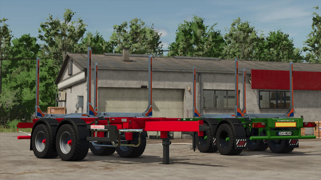 FS25 mod Schwarzmueller Tandem v1.0.0.0 showcasing a detailed trailer with two axles in a rural setting.