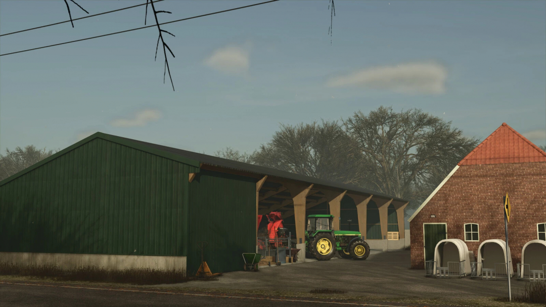 FS25 Shed Pack mod showing a large green shed, tractor, and barn on a farm