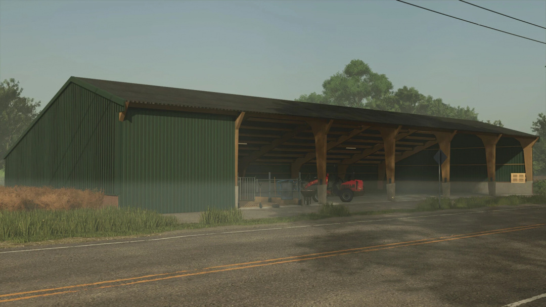 FS25 Shed Pack v1.0.0.0 mod, green barn with wooden support beams and farming equipment inside.