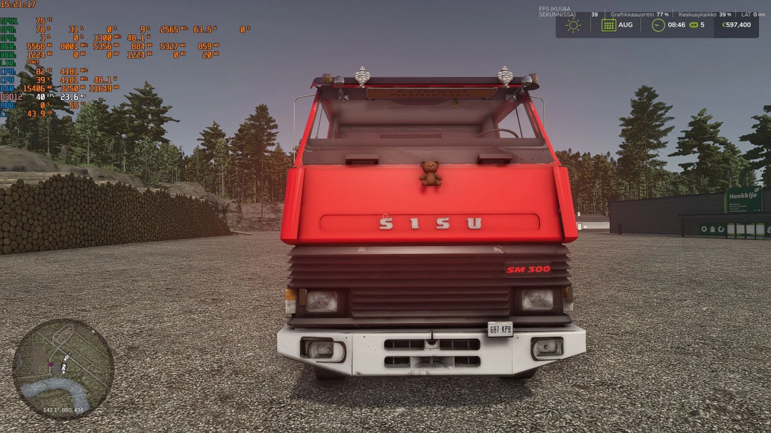 Front view of Sisu SM 300 truck mod in Farming Simulator 25 with teddy bear decoration.