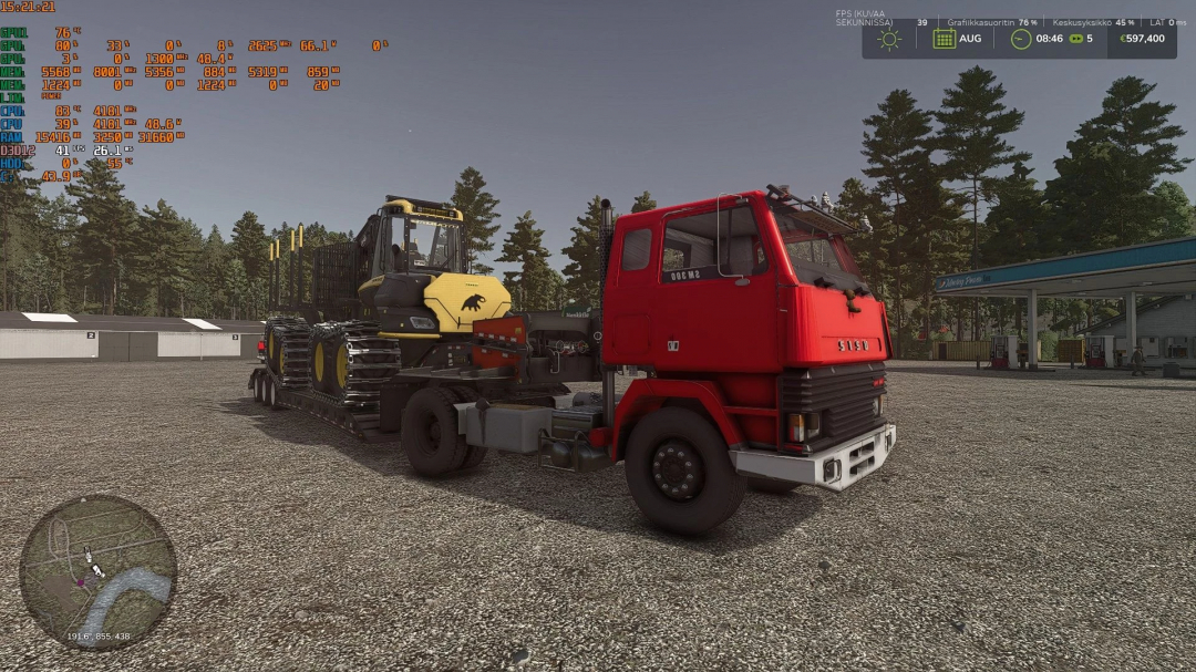 Red Sisu SM 300 truck mod in Farming Simulator 25 with a trailer and forestry loader.