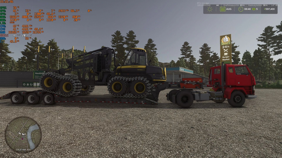 FS25 mod Sisu SM 300 v1.0.0.0 with red truck and black forestry machinery on trailer.