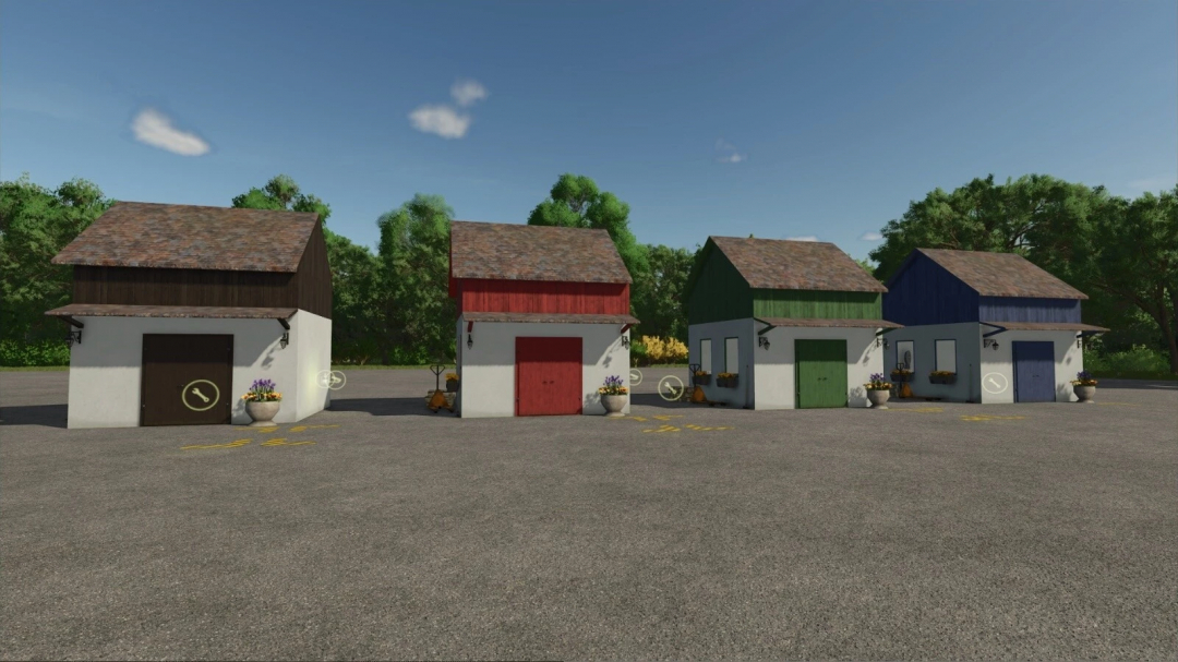 FS25 Small Farm Production mod v1.0.0.0 featuring four colorful small buildings on a farm setup.