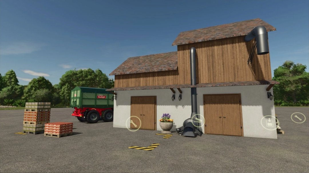 Small Farm Production mod in FS25 showing a rustic building and stacks of crates.