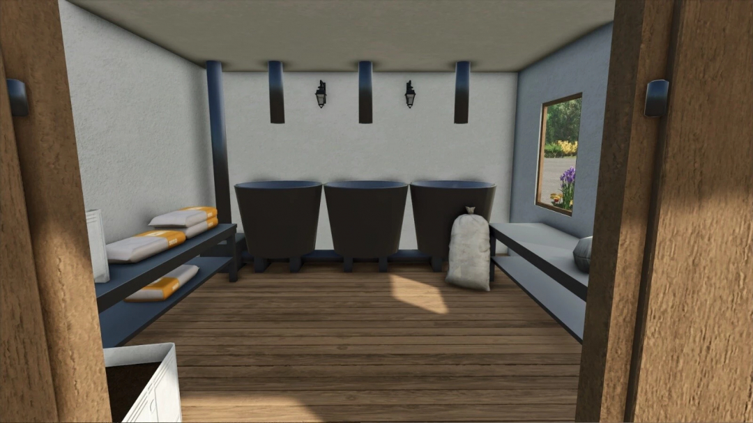 Interior of small farm production in FS25 mod, featuring storage shelves and equipment.